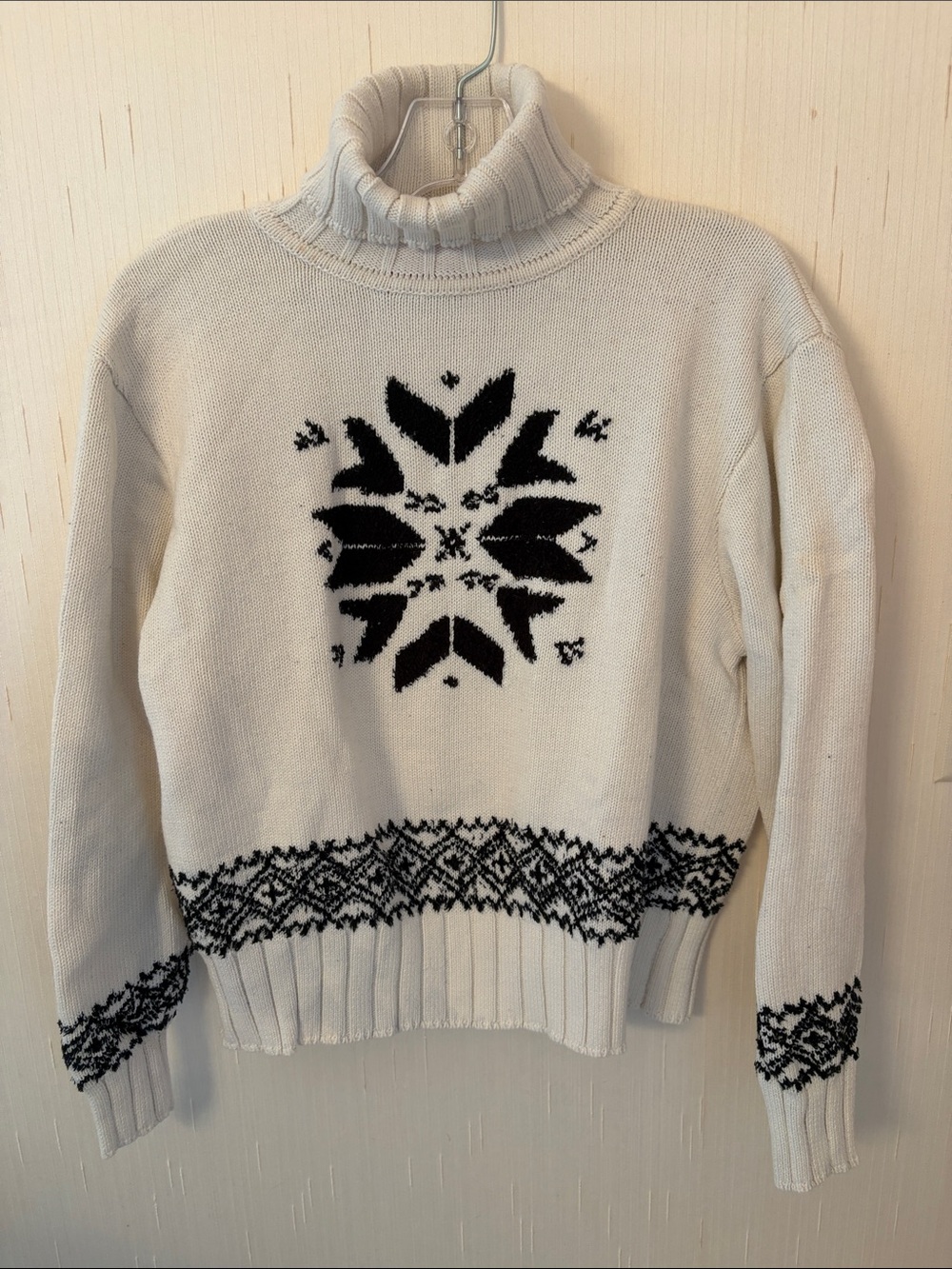 Liz Claiborne Cream Turtleneck Sweater with Black Nordic Motif